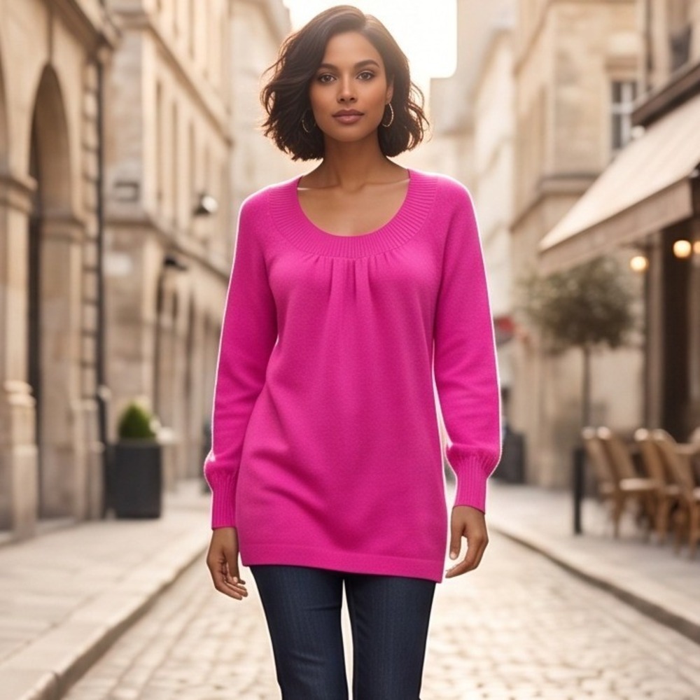 Precious Fibers 1X Cashmere Sweater Hot Pink Scoop Neck Tunic NWOT Button Bag